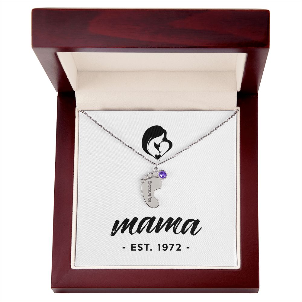 Mama, Est. 1972 - Personalized Baby Feet Necklace With Birthstone