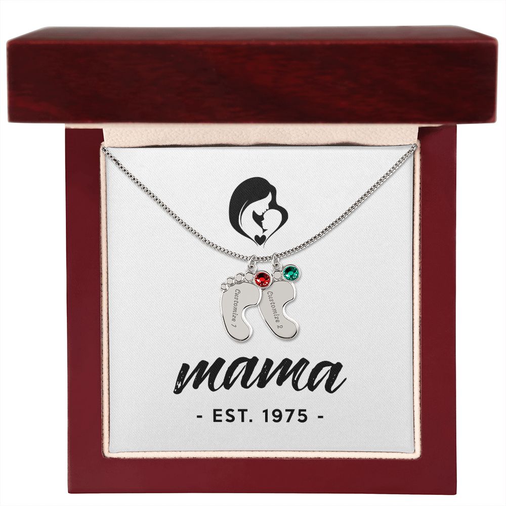 Mama, Est. 1975 - Personalized Baby Feet Necklace With Birthstone