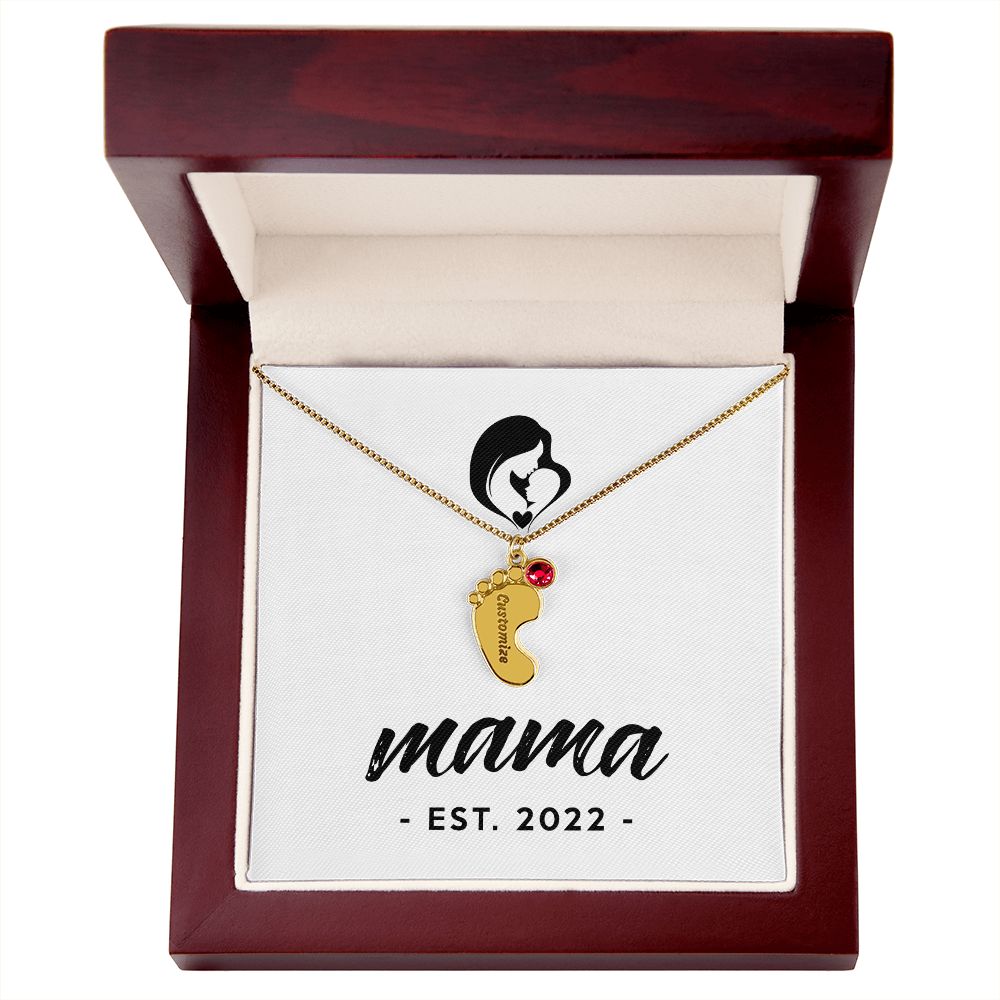 Mama, Est. 2022 - Personalized Baby Feet Necklace With Birthstone