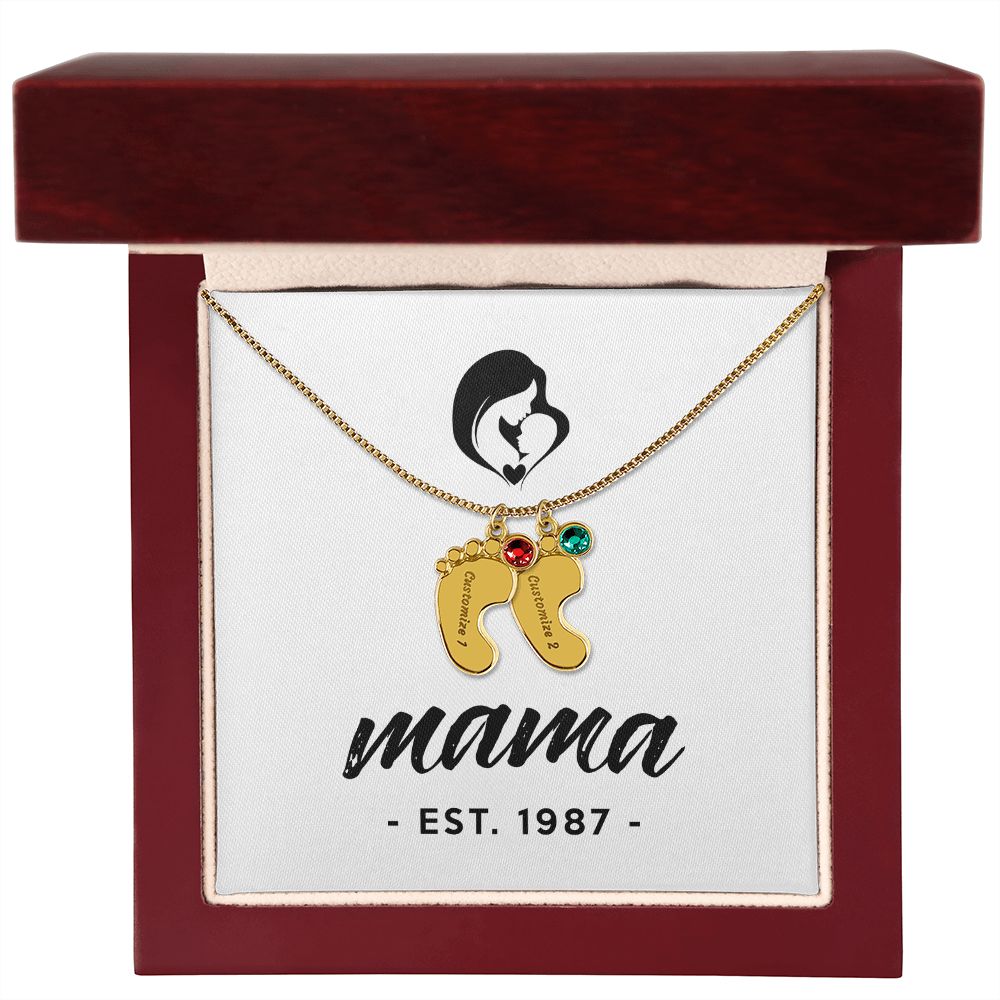 Mama, Est. 1987 - Personalized Baby Feet Necklace With Birthstone