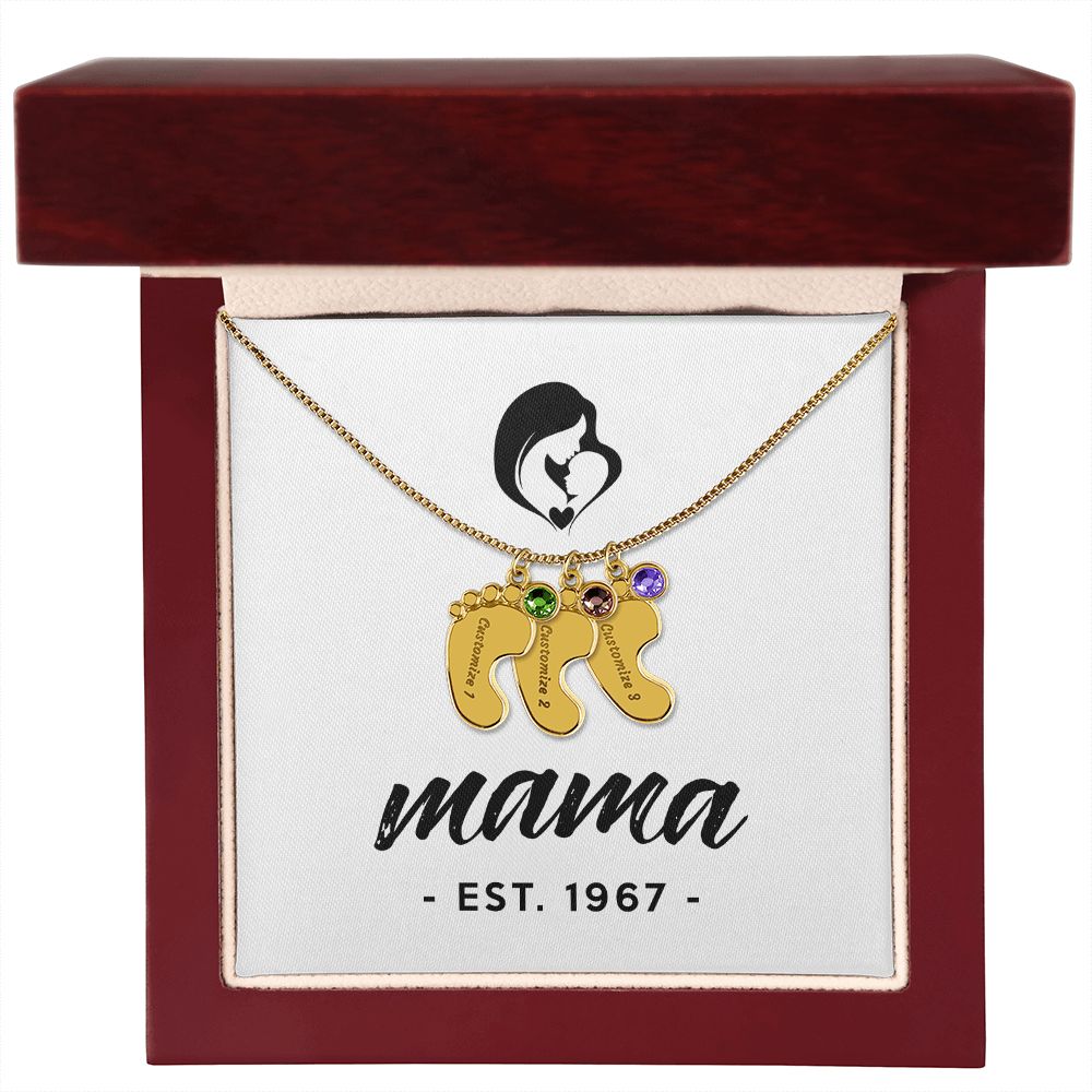 Mama, Est. 1967 - Personalized Baby Feet Necklace With Birthstone