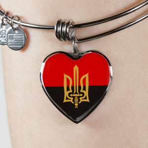Stylized Tryzub And Red-Black Flag - Heart Pendant Bangle Bracelet