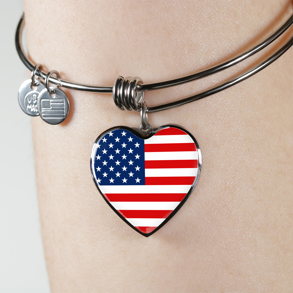 American Flag - Heart Pendant Bangle Bracelet