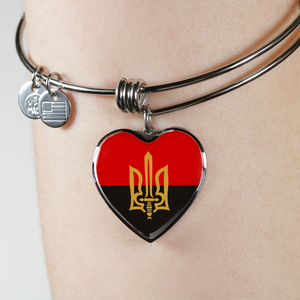Stylized Tryzub And Red-Black Flag - Heart Pendant Bangle Bracelet