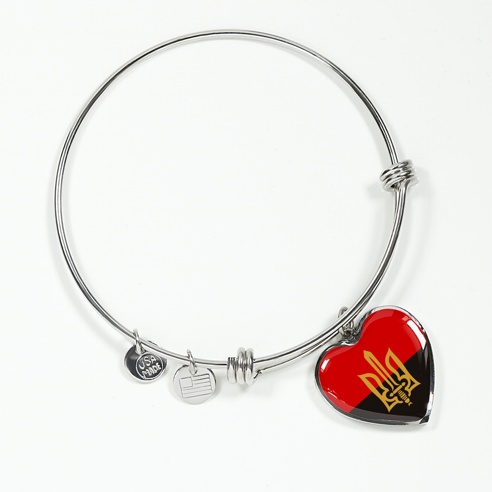 Stylized Tryzub And Red-Black Flag - Heart Pendant Bangle Bracelet