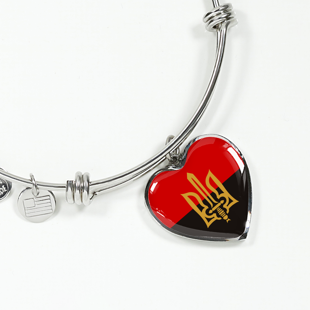 Stylized Tryzub And Red-Black Flag - Heart Pendant Bangle Bracelet