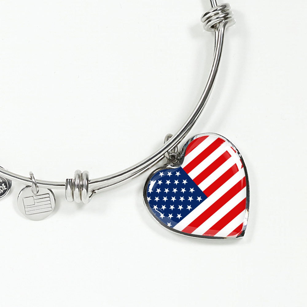 American Flag - Heart Pendant Bangle Bracelet