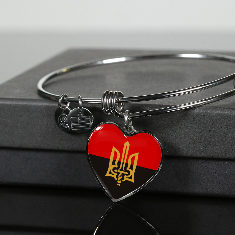 Stylized Tryzub And Red-Black Flag - Heart Pendant Bangle Bracelet