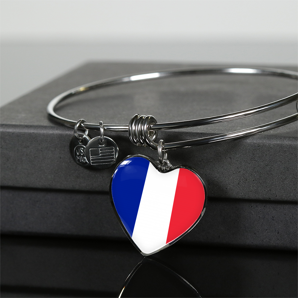 French Flag - Heart Pendant Bangle Bracelet