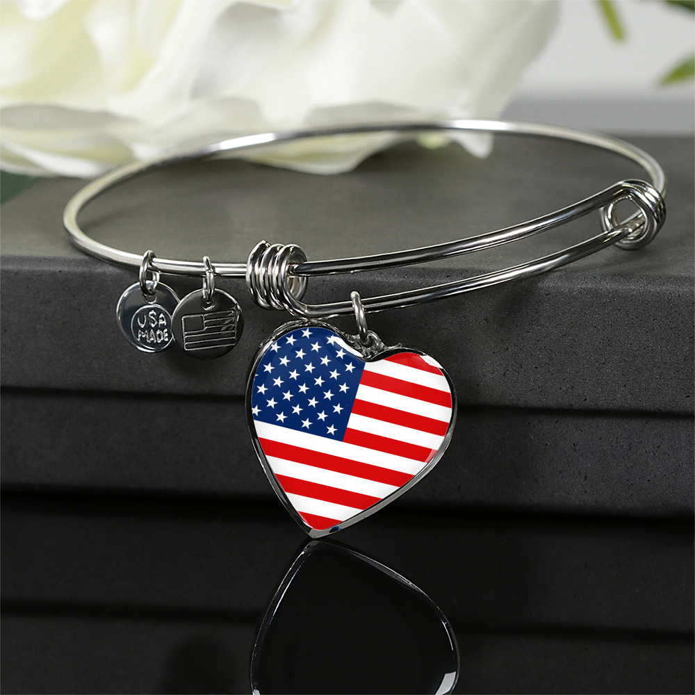 American Flag - Heart Pendant Bangle Bracelet