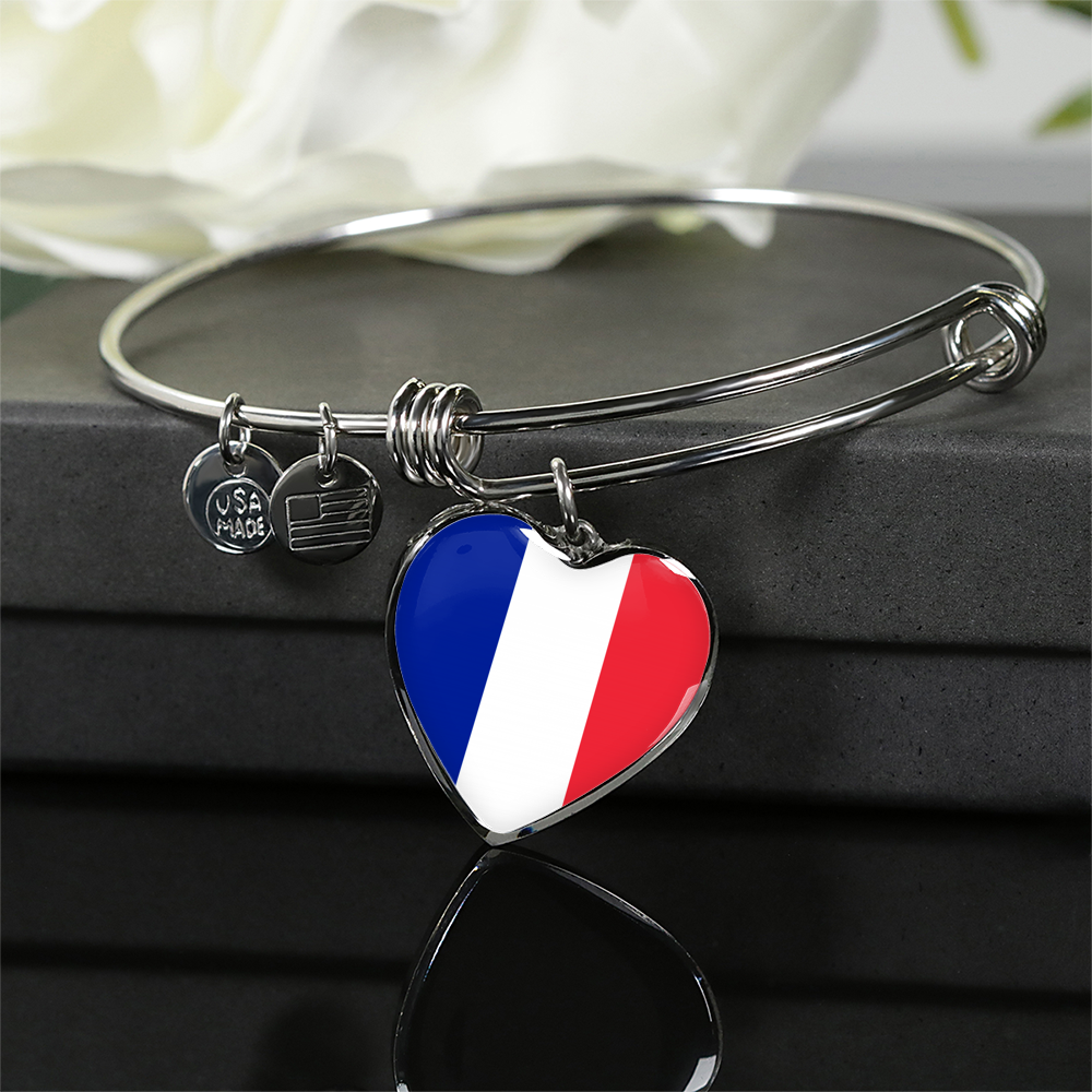 French Flag - Heart Pendant Bangle Bracelet