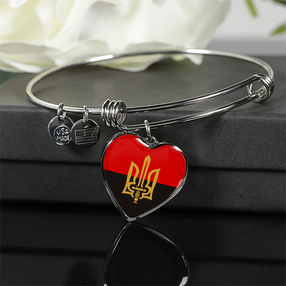 Stylized Tryzub And Red-Black Flag - Heart Pendant Bangle Bracelet