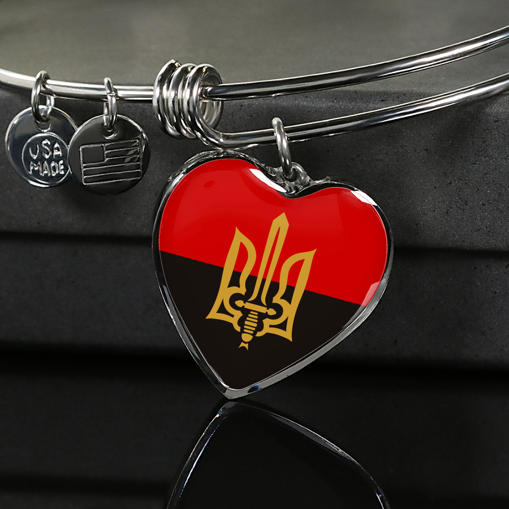 Stylized Tryzub And Red-Black Flag - Heart Pendant Bangle Bracelet