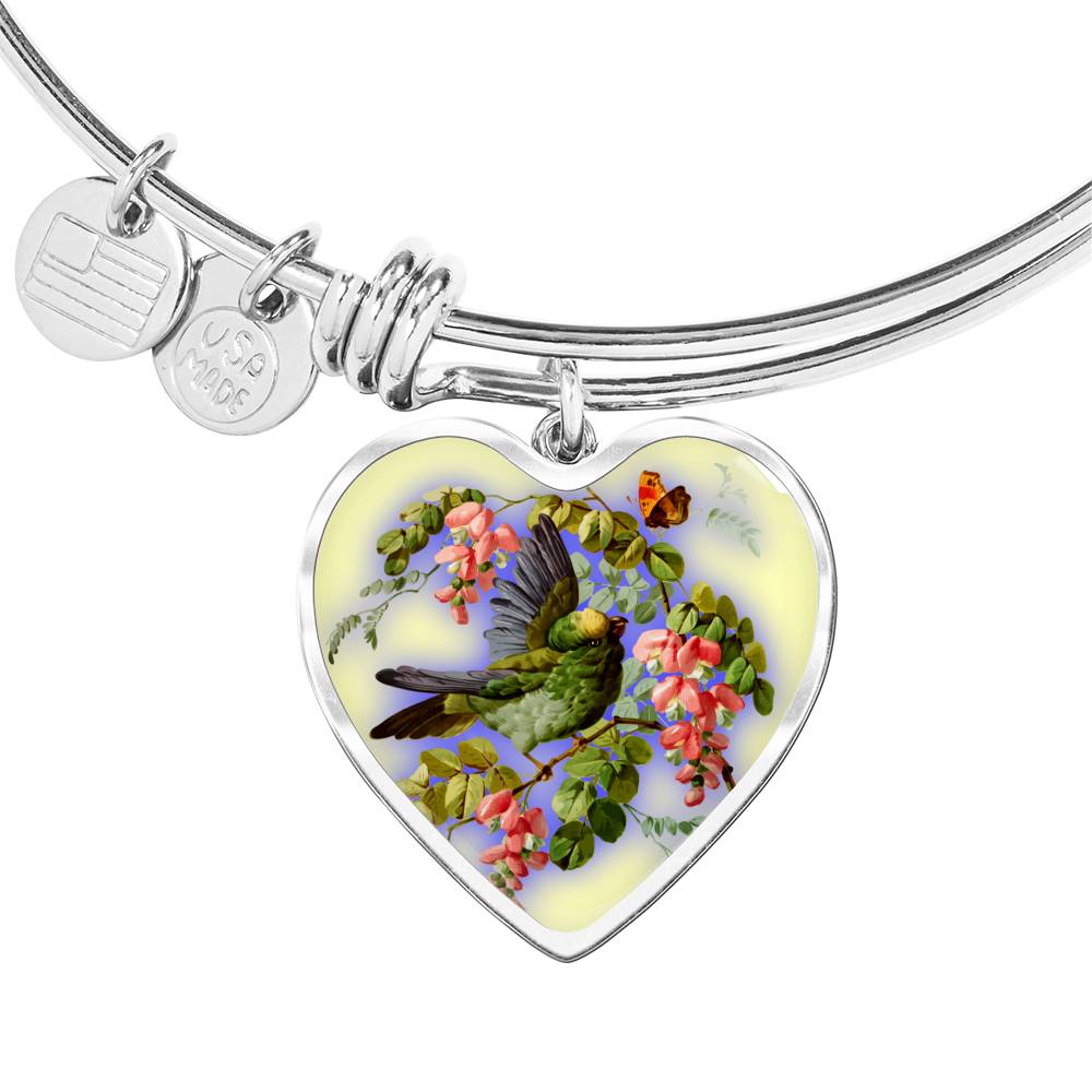 Bird And Flowers - Heart Pendant Bangle Bracelet