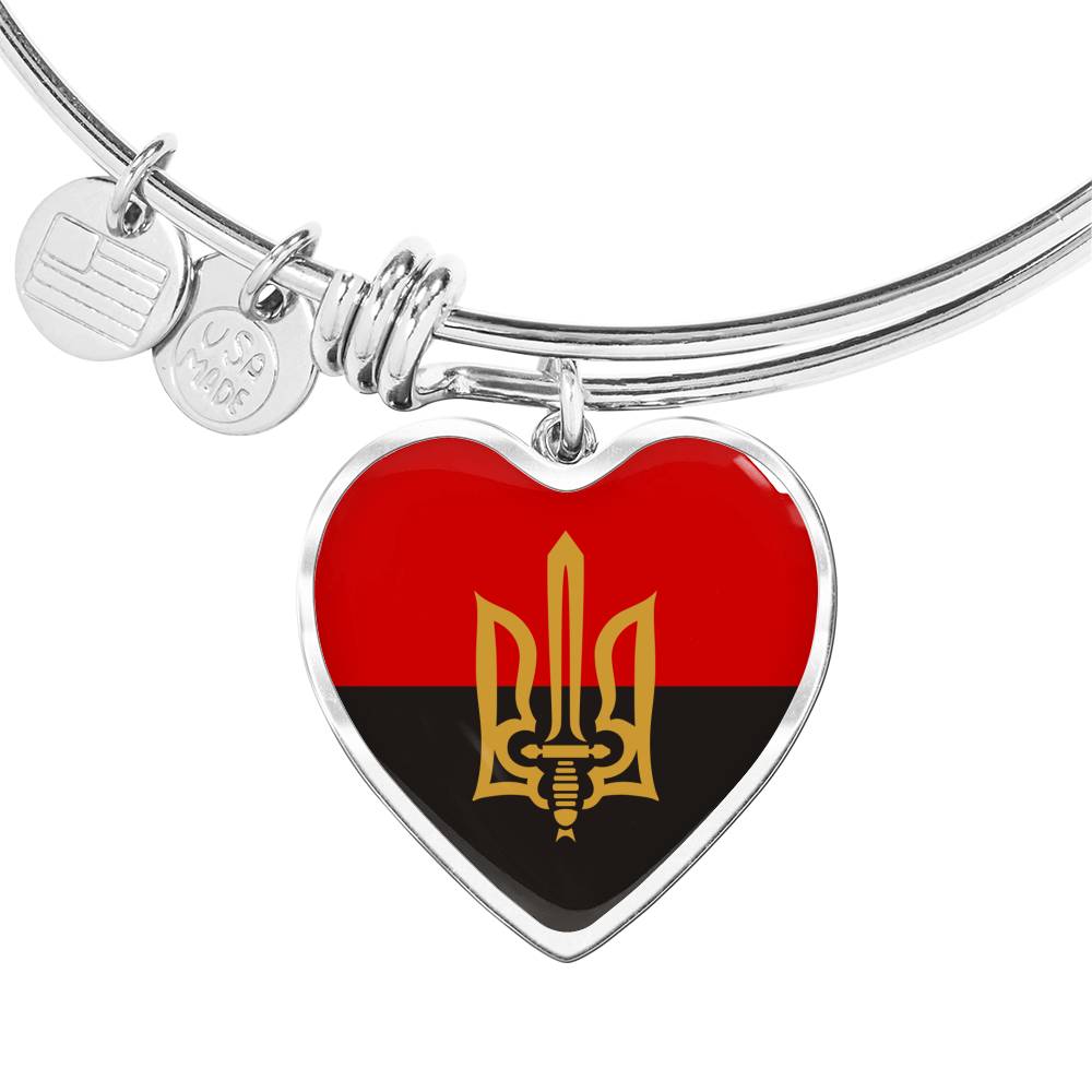 Stylized Tryzub And Red-Black Flag - Heart Pendant Bangle Bracelet