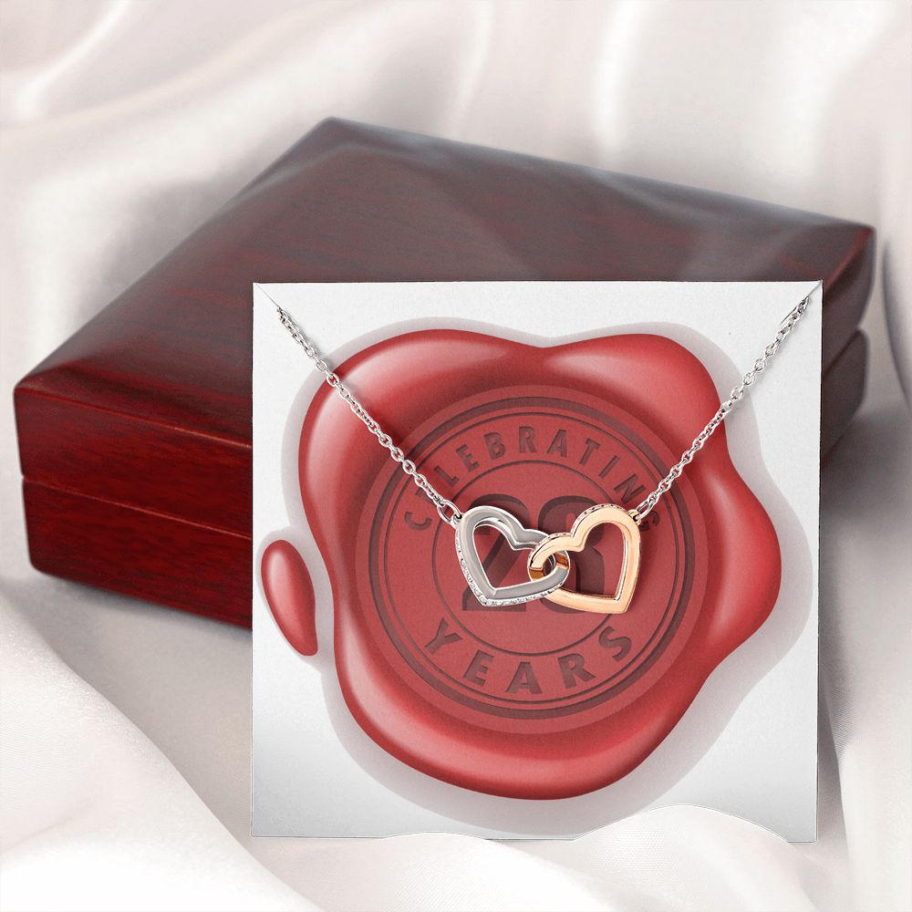 Celebrating 28 Years Anniversary - Interlocking Hearts Necklace With Mahogany Style Luxury Box