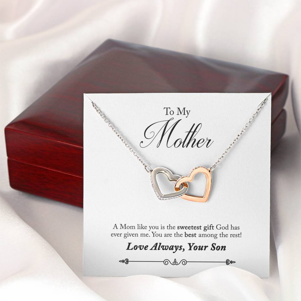 050 - To Mother From Son - Interlocking Hearts Necklace With Mahogany Style Luxury Box