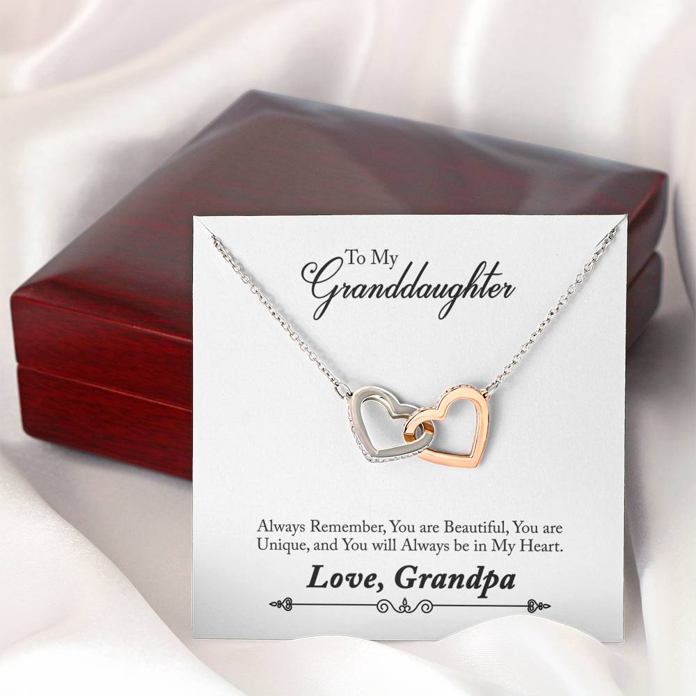 081 - To Granddaughter From Grandpa - Interlocking Hearts Necklace With Mahogany Style Luxury Box