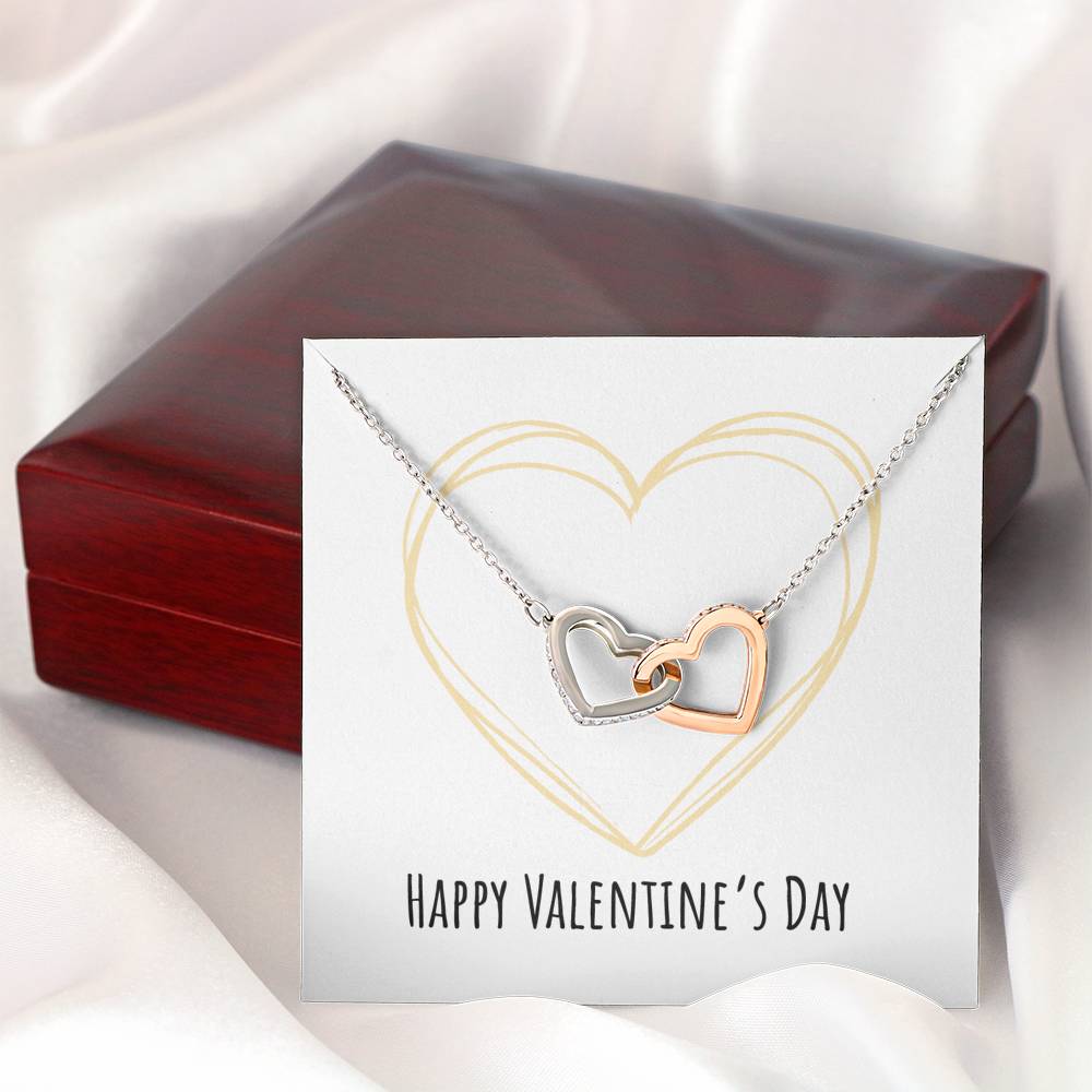 Happy Valentine's Day - Golden Heart - Interlocking Hearts Necklace With Mahogany Style Luxury Box