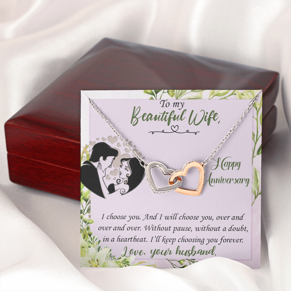019 To My Beautiful Wife, Happy Anniversary - Interlocking Hearts Necklace With Mahogany Style Luxury Box