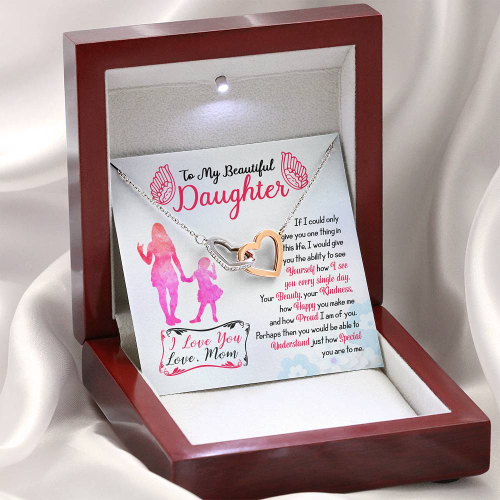 313 - To Daughter From Mom - Interlocking Hearts Necklace With Mahogany Style Luxury Box