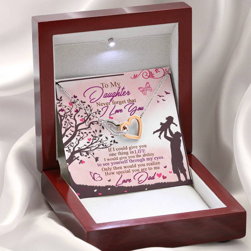 312 - To Daughter From Dad - Interlocking Hearts Necklace With Mahogany Style Luxury Box