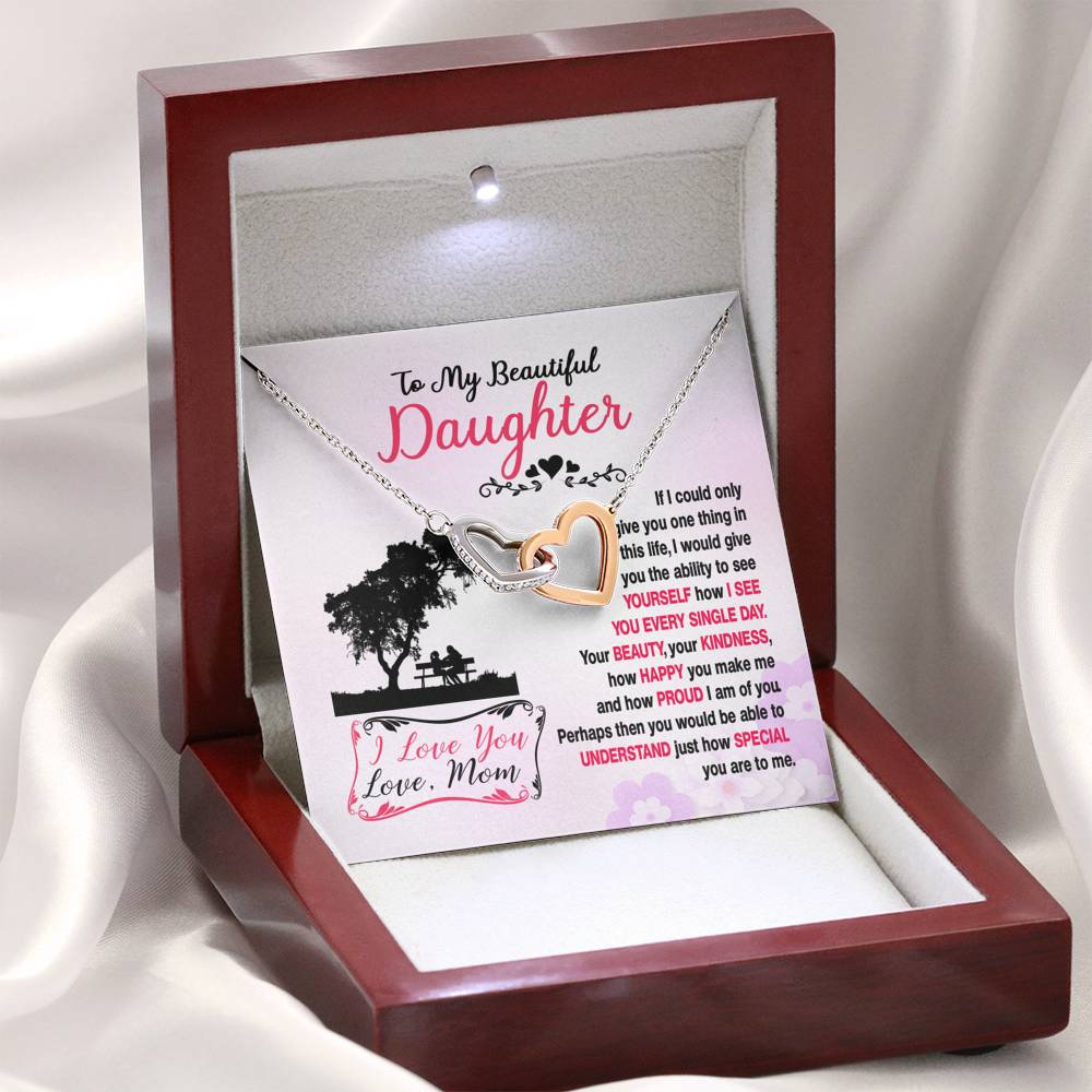314 - To Daughter From Mom - Interlocking Hearts Necklace With Mahogany Style Luxury Box