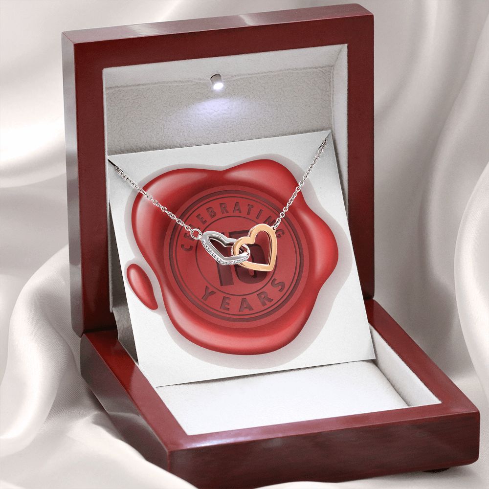 Celebrating 15 Years Anniversary - Interlocking Hearts Necklace With Mahogany Style Luxury Box