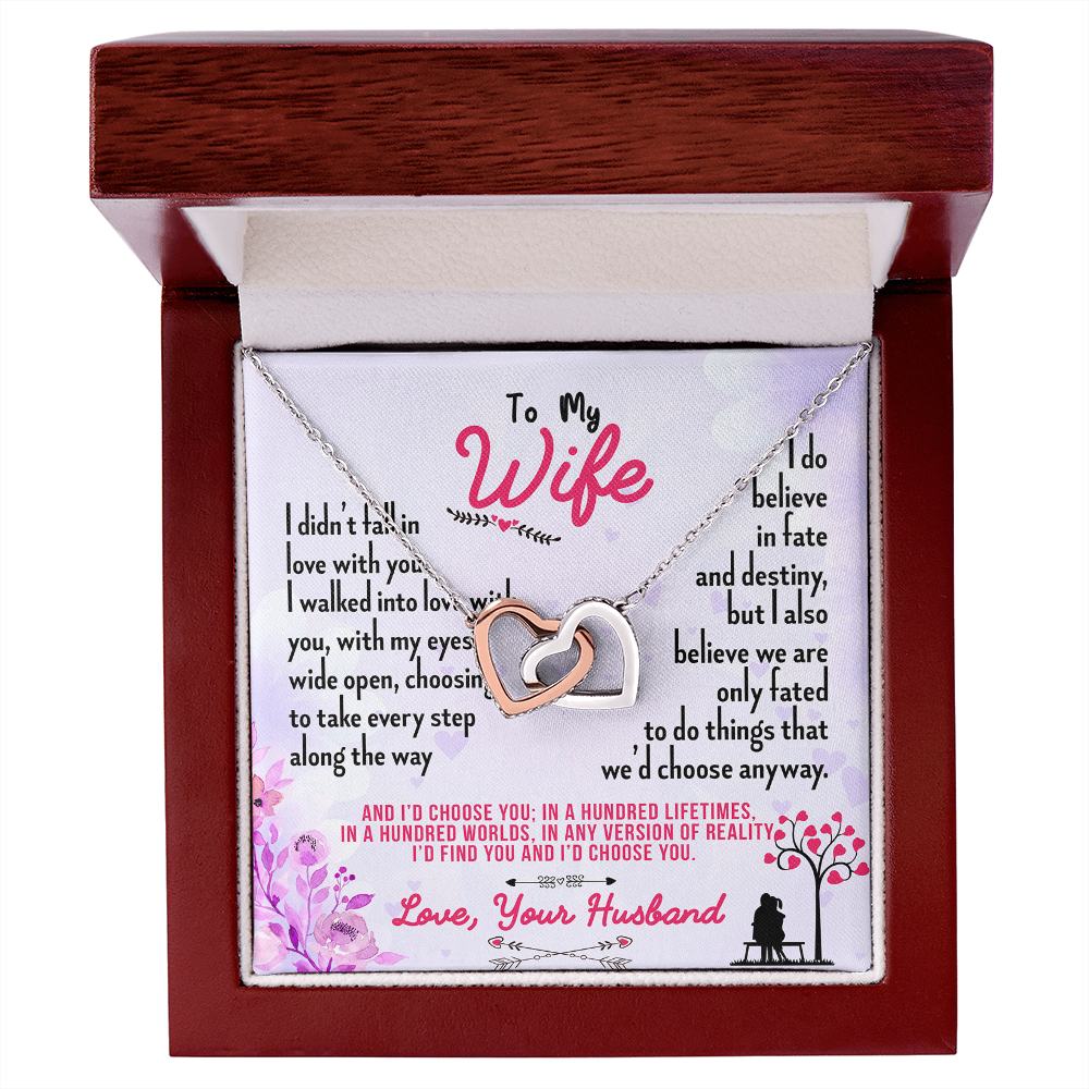 016 To My Wife - Interlocking Hearts Necklace With Mahogany Style Luxury Box
