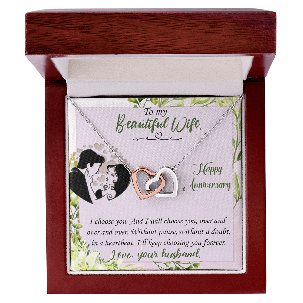 019 To My Beautiful Wife, Happy Anniversary - Interlocking Hearts Necklace With Mahogany Style Luxury Box