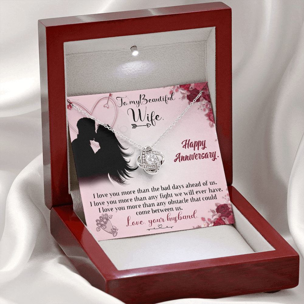 020 To My Beautiful Wife, Happy Anniversary - Love Knot Necklace With Mahogany Style Luxury Box