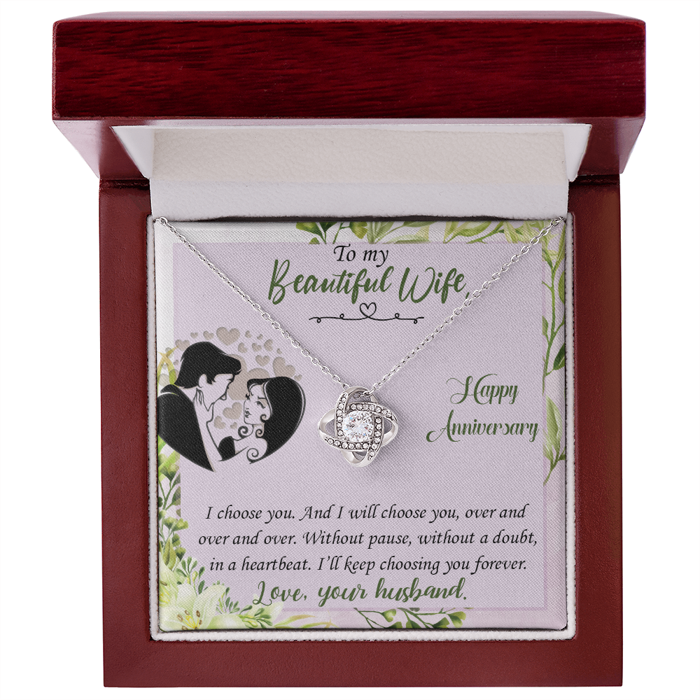 019 To My Beautiful Wife, Happy Anniversary - Love Knot Necklace With Mahogany Style Luxury Box