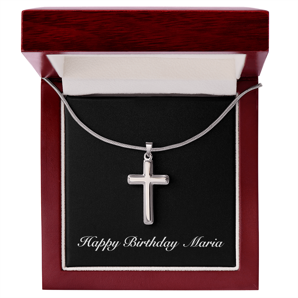 Happy Birthday Maria v2 - Stainless Steel Cross Necklace With Mahogany Style Luxury Box