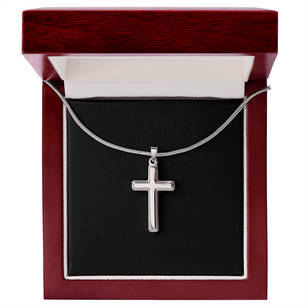 Stainless Steel Cross Necklace With Mahogany Style Luxury Box v2
