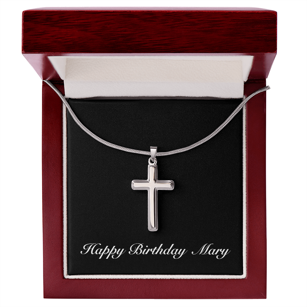 Happy Birthday Mary v2 - Stainless Steel Cross Necklace With Mahogany Style Luxury Box
