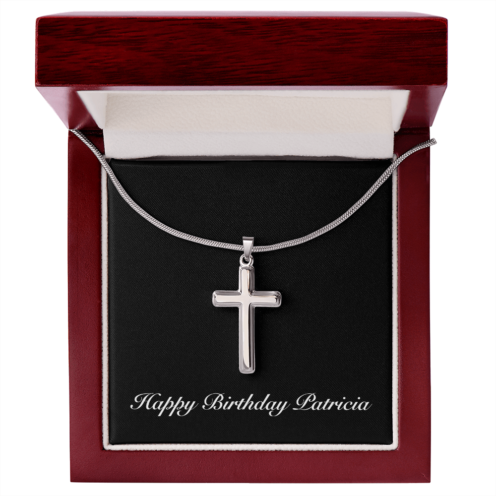 Happy Birthday Patricia v2 - Stainless Steel Cross Necklace With Mahogany Style Luxury Box