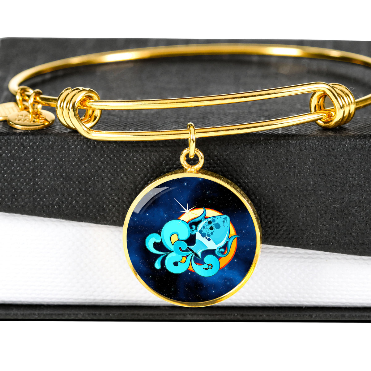 Zodiac Sign Aquarius - 18k Gold Finished Bangle Bracelet