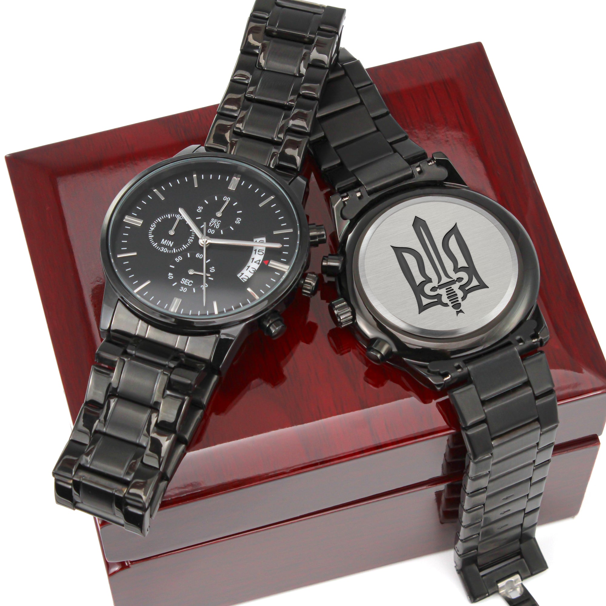 Stylized Tryzub - Black Chronograph Watch With Mahogany Style Luxury Box