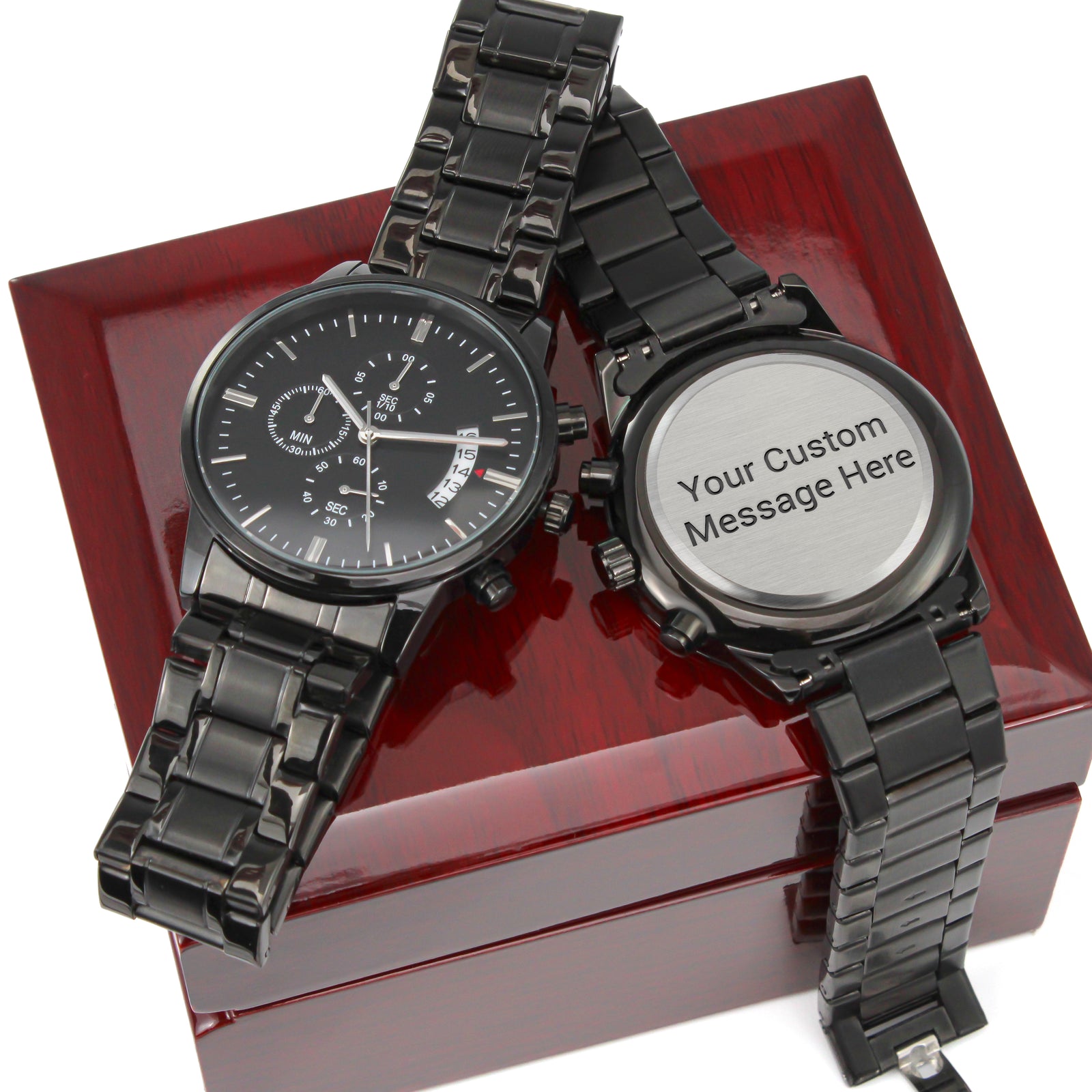 Custom Text Black Chronograph Watch With Mahogany Style Luxury Box