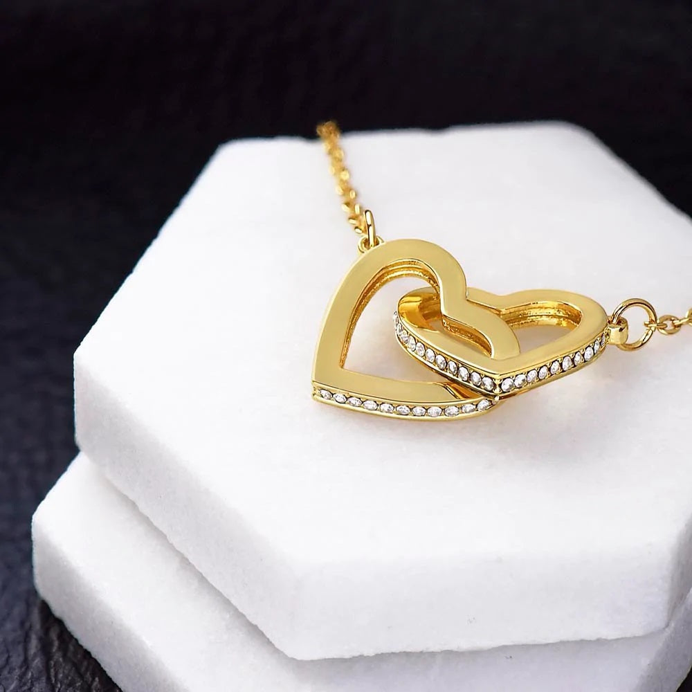 Celebrating 37 Years Anniversary - 18K Yellow Gold Finish Interlocking Hearts Necklace With Mahogany Style Luxury Box
