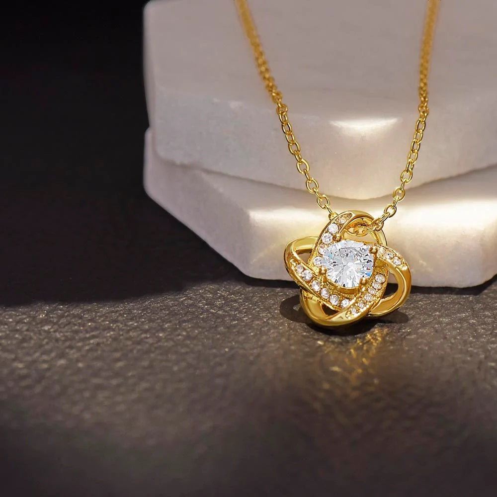 017 To My Wife - 18K Yellow Gold Finish Love Knot Necklace With Mahogany Style Luxury Box